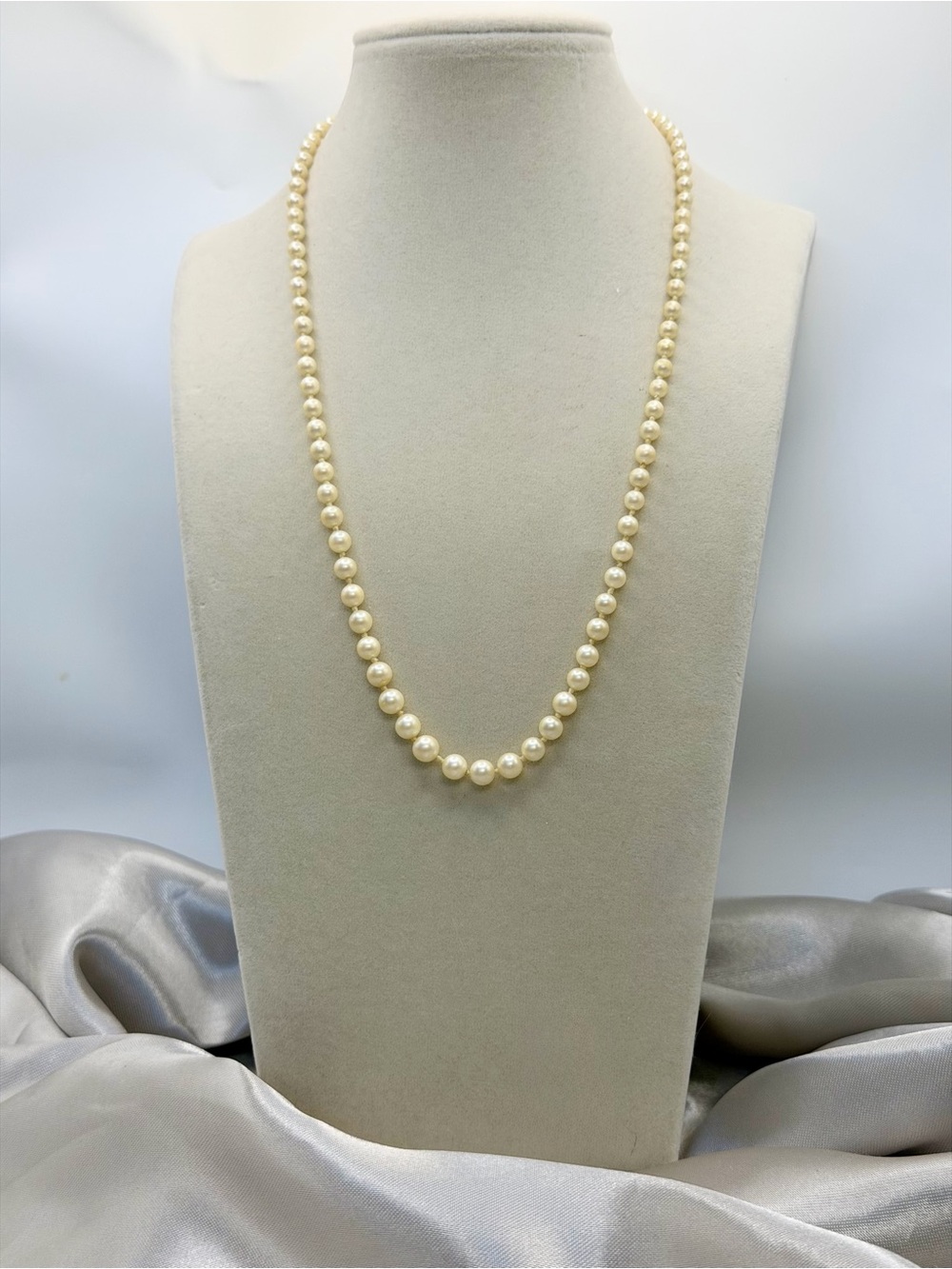 Vintage Hand-Knotted Pearl Strand Necklace with Sterling Silver Filigree Clasp